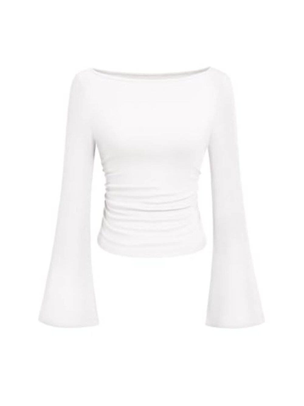 Womens Ribbed Knit Bell Sleeve Boat Neck Crop Top Long Sleeve